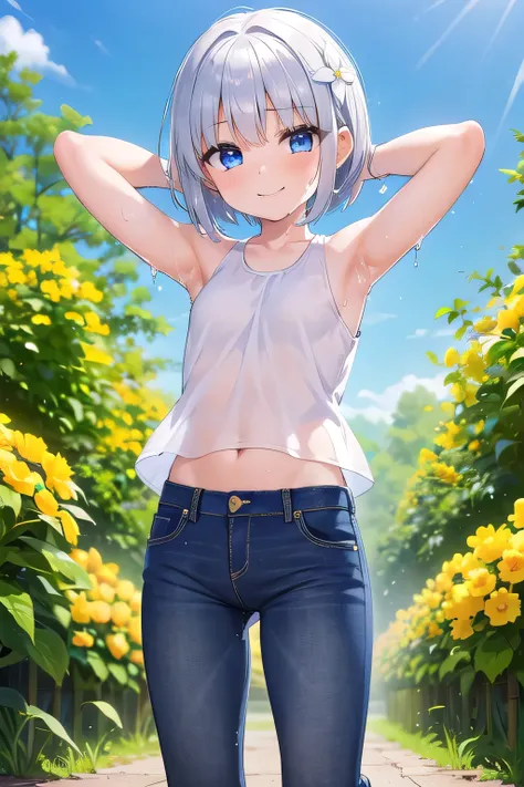 masterpiece,best quality,ultra detail,1girl, 14yo,petite,smile happy,flower garden,short hair, blue eyes, silver hair, hair ornament, ribbon hair ornament,Raise your arms and behind your head,White teeth, White tank tops, jeans, The woman appears to be (we...