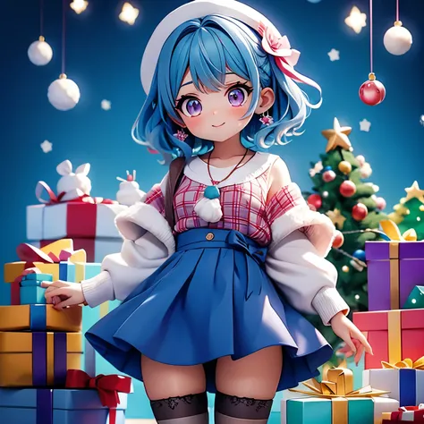 1 Girl,  bangs,  blue hair , bow, box, bracelet,  Christmas,  Christmas tree,  cowboy shooting, skirt, earrings, Fishing Net, flower, Gift, Gift box, Headdress, Hamel, Jewelry,  stare at the viewer , multicolored hair, necklace, pantyhose,  split lips ,  P...