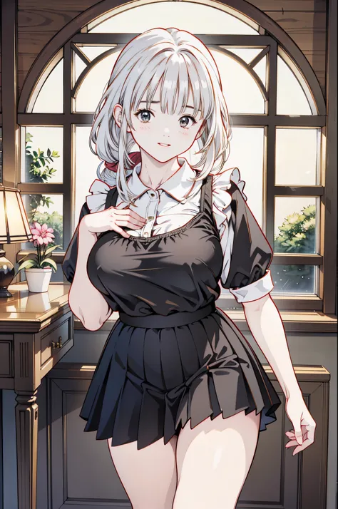 (8k、Realistic、RAW photo、Best Quality: 1.3)、（real skin）,beautiful expression、 ultra high resolution、 soft、 plump ,Curvy , beautiful細部までこだわった顔,( one girl playing pranks, Silver Hair),beautiful、魅力的で非Realistic,Honey, anime girl ,Pixiv, , Fascinating  anime gir...