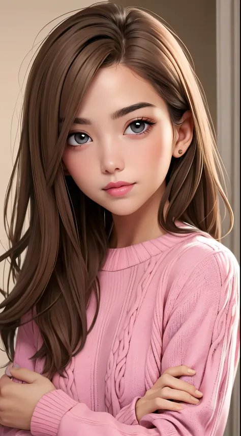 girl,  long light brown hair, grey eyes, cold features , white skin, pink lips, pullover