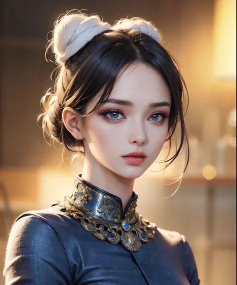 masterpiece, best quality, 8k, beautiful face, high detailed skin,hyper detailed,ultra high res, photorealistic, high resolution, ,lens flare, (Top knot bun:1.5),(same makeup for both eyes:1.5),perfect face,ralistic eyes, detailed lighting, detailed eyes,d...