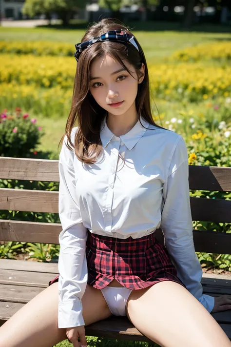 1 young girl,very cute and beautiful japanese teen actress,highly detailed beautiful face, white blouse,long sleeve,sitting on bench,spread legs,laced white thong,arms behind back,smile,looking at viewer,hime cut,hair ribbon BREAK dynamic angle,flower gard...