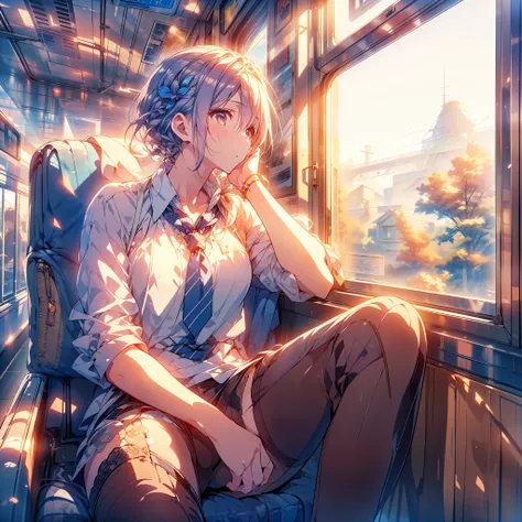 he's sitting by the window of a train  ,   he's looking out of the window with his elbow on the window sill.   very detailed ani...