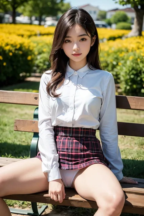 1 young girl,very cute and beautiful japanese teen actress,highly detailed beautiful face, white blouse,long sleeve,sitting on bench,spread legs,laced white thong,arms behind back,smile,looking at viewer,hime cut,hair ribbon BREAK dynamic angle,flower gard...