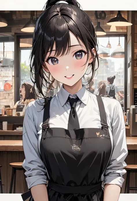 beautiful girl 、age 30、best quality、ultra-precision、detailed drawing、cafe staff、shirt、tie、apron、sharpness、 ponytail、vivid colors...