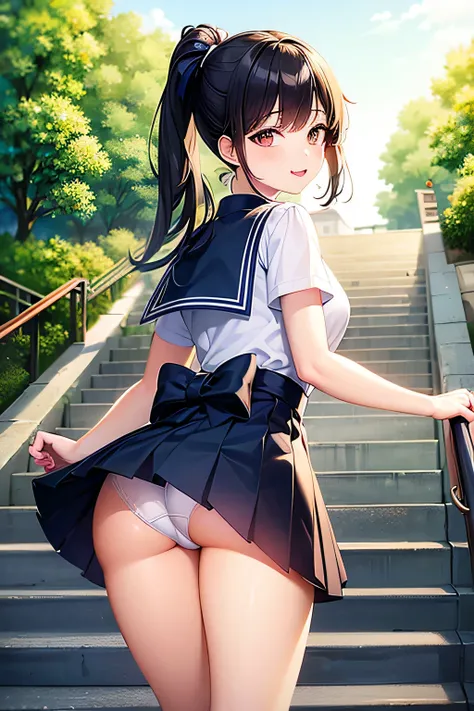 ((Best Quality)), ((masterpiece)), (  Details),  1 girl,  sexy、(((Climb the stairs、 look back 、I can see your panties)))、 white sailor suit、navy blue pleated skirt miniskirt、 Japanese Scenery、Black Hair、 ponytail、smile、Hair blowing in the wind