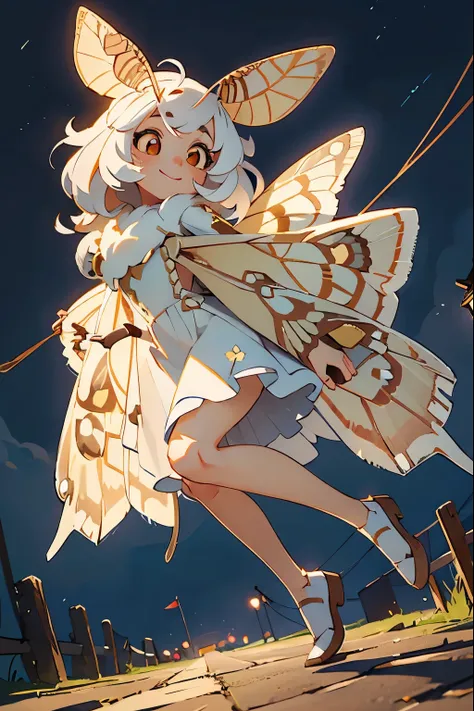 alone,1 female\(cute,cute,small ,skin color is white,  short white hair ,( large moth wing hair :1.7),white dress\( beautiful ra...