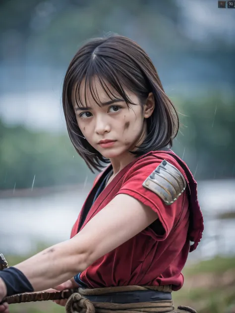 (Close up portrait of one slender small breasts round face brown short hair with bangs girl in a green colored dirty bloody samurai armor in Japan at raining:1.5)、(One girl makes fighting pose and hold Japanese traditional white blade sword on hand under t...