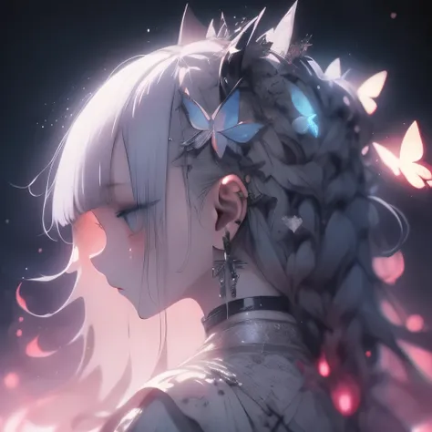 1 girl, detailed blue eyes, long light blue hair, beautiful white dress with blue accents, many glowing white butterflies, night sky, high fantasy, 4k anime art wallpaper, beautiful anime artwork, beautiful fantasy anime, beautiful digital artwork, high co...
