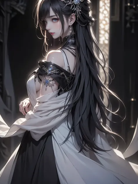 、masterpiece:1.5, bestquality, 1girl, classic girl, classic, Mechanical decoration、A face with cold beauty、Cold Face, detailed eyes、Beautiful shoulders、Solemn atmosphere、small breasts, beautiful eyes, Heavy cloak、Huge pipe organ、look up、backlighting, back ...