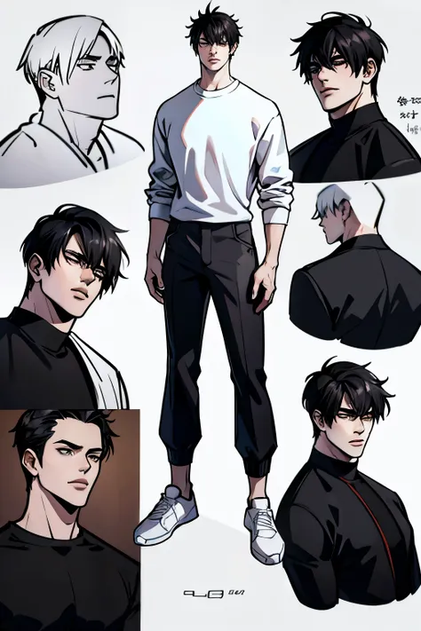 character sheet, character design, male, 20 years old, black hair, modern clothes, white sweater, black pants, white shoes, ((ma...