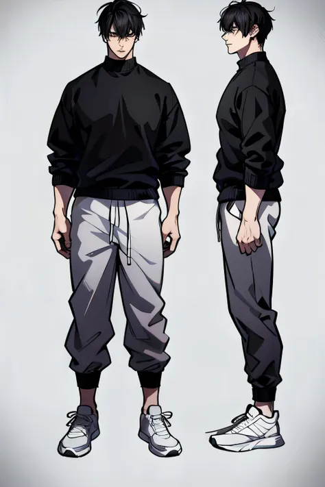 character sheet, character design, male, 20 years old, black hair, modern clothes, white sweater, black pants, white shoes, ((ma...