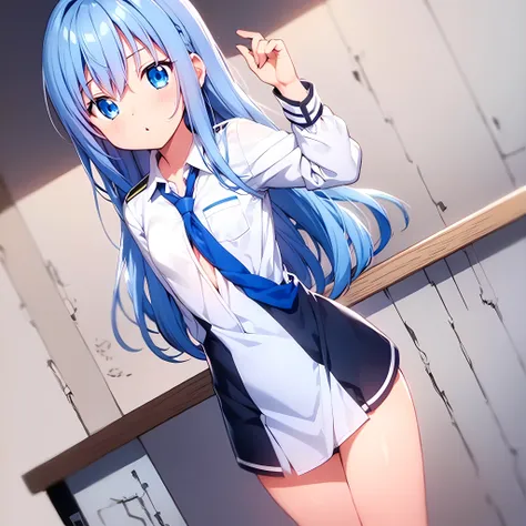 1 girl, blue hair, blue eyes,uniform,dignified, flat chest, standing , long hair