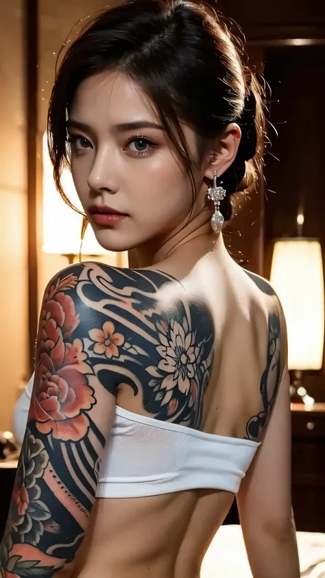 beautiful woman, pro lighting, cinematic, Realistic face details, complicated details, 8k, ultra high details, dynamic camera angle, sexy pose, earrings, tattoo