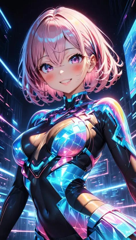 holography,  draw in neon colors ,  beautiful holographic _cyber girl,  neon hologram suit ,  glowing cyberpunk futuristic outfi...