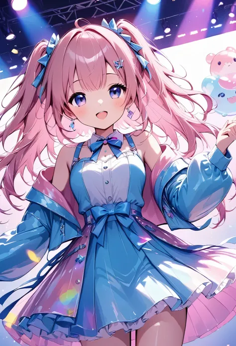 anime、バーチャルIdol、Pink Hair、 squishy costume、Inside the screen 、 unreal world 、２DのIdol、cute、Idol、Live Performance Venues、Colorful lighting、Sing a song