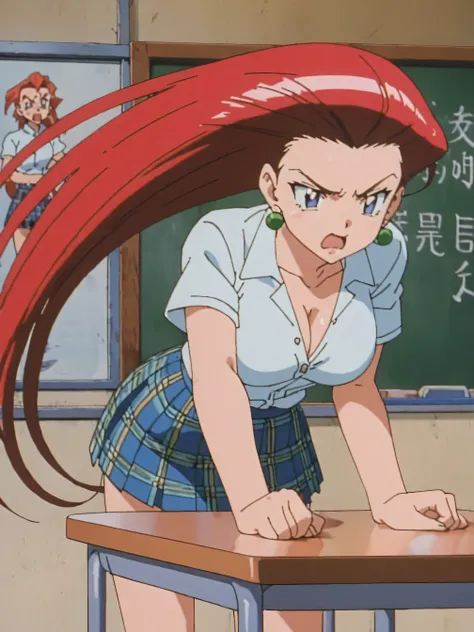 (masterpiece:1.0), (ultra detailed:1.2),(intricate, beautiful detailed) ,1990s,anime cel style, 1 girl, Jessie Pokemon,　School classroom、 blackboard 、white shirt with buttons 、 Relaxed Shirt 、Skin is transparent、Thick upper arms、   Wide Open Collar、grey pl...