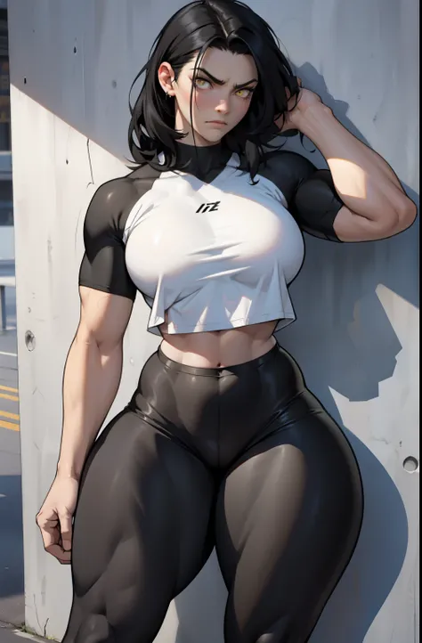 1girl muscular pale skin black hair yellow eyes black against wall frown tight shirt leggings thick thick thick thick muscular