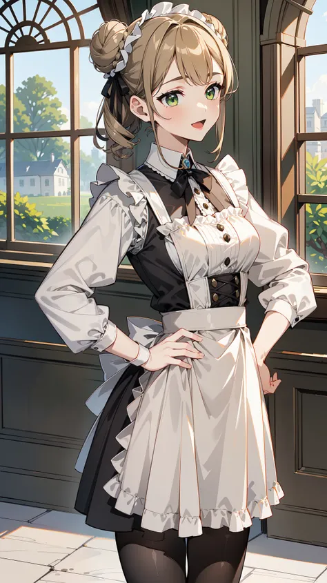 (masterpiece, best quality, ultra high quality, 1girl, solo), (성숙한 24세 여성), (open mouth), (Light Khaki Brown double bun hairstyle), (Olive Green eyes), (middle breasts), (neutral), kind smile, onee-chan, (wearing a victorian white dress), (maid), (victoria...