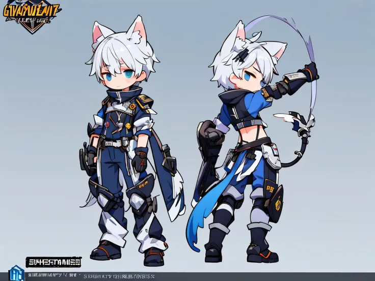 Game CG, 8K quality ,((ONE boy)),hood , anime male protagonist ,Wolf ears,Tail,Handsome Face ,head mounted display, Silver White and Sky Blue Dye,Robotic Warfare Armor ,Mechanical gloves, mechanical combat boots ,Full body portrait, No Background ,arms beh...