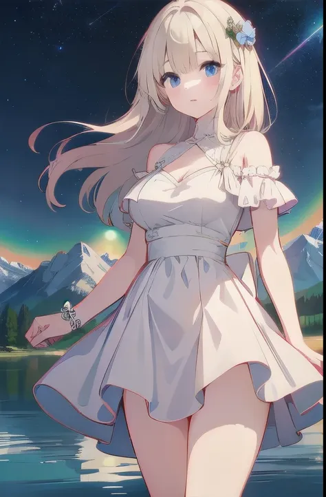 （masterpiece）、(Best Quality)、((Super detailed))、(Very delicate)、Princess Uti Dress、 platinum blonde 、 Beautiful breasts、Thighs、nice、Lake with mountain views、 amazing starry sky、Rainbow Circle