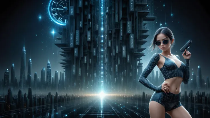 (Wide and aerial view). Ryoji Ikeda Style, High quality 3d background in matrix style, a simple outlined transparent maze mysterious city with a sci-fi glowing giant clock tower as time travelling machine, all-glass galaxy-print buildings, bridge, (((flyin...
