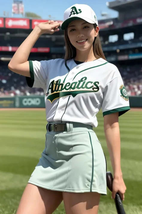 ((best quality)), ((masterpiece)), (detailed), 1girl,baseball player on baseball stadium,((clothed:1.1)),(oakland athletics unif...