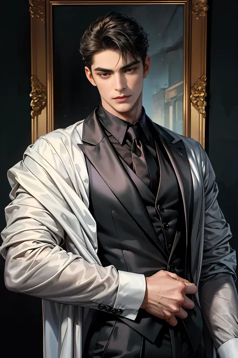 masterpiece, 最high quality, high quality, 1 38 year old man , Evil eyes, Brown eyes, Tall and straight, split black slim short hair ,Face mature and sturdy , wearing a black suit 。 is stunningly handsome with handsome face and fine eyes, Carved chin line...