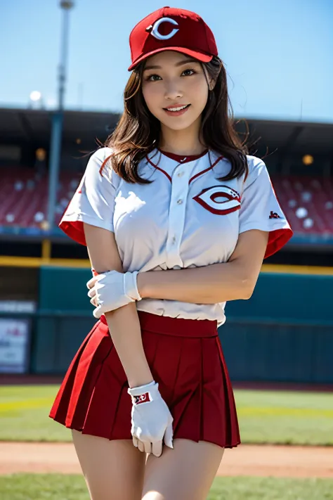 ((best quality)), ((masterpiece)), (detailed), 1girl,baseball player on baseball stadium,((clothed:1.1)),(cincinnati reds unifor...