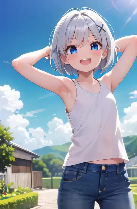 masterpiece,Best Quality, ultra detail, 1 girl, , smaller,Laugh happily,garden,Sunshine,cloud,  short hair,  blue eyes,  silver hair,  hair ornament, x  hair ornament,Raise your arms and bring them behind your head,White teeth,   white tank top,jeans, 