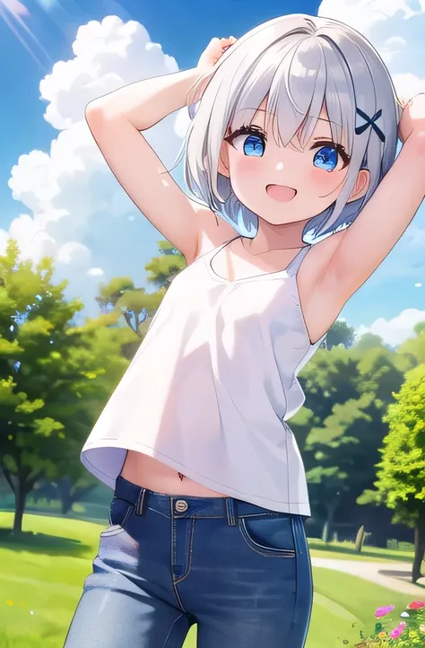 masterpiece,Best Quality, ultra detail, 1 girl, , smaller,Laugh happily,garden,Sunshine,cloud,  short hair,  blue eyes,  silver hair,  hair ornament, x  hair ornament,Raise your arms and bring them behind your head,White teeth,   white tank top,jeans, 