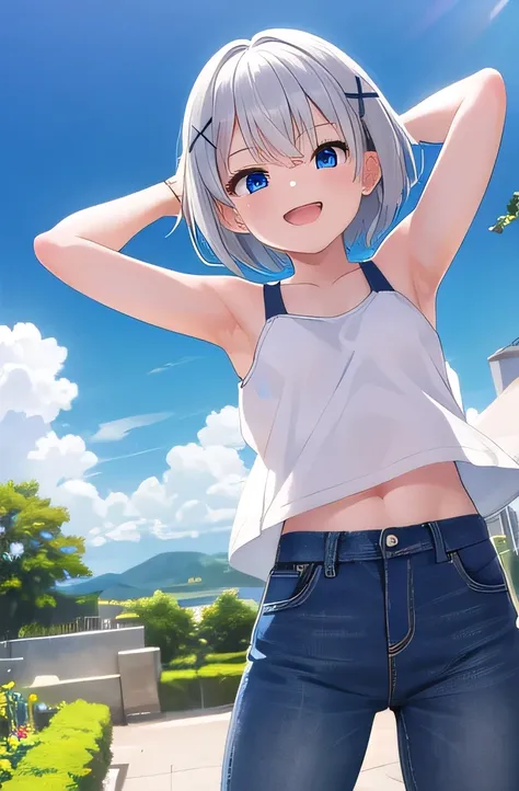 masterpiece,Best Quality, ultra detail, 1 girl, 14yo, Laugh happily,garden,Sunshine,cloud,  short hair,  blue eyes,  silver hair,  hair ornament, x  hair ornament,Raise your arms and bring them behind your head,White teeth,   white tank top,jeans, 