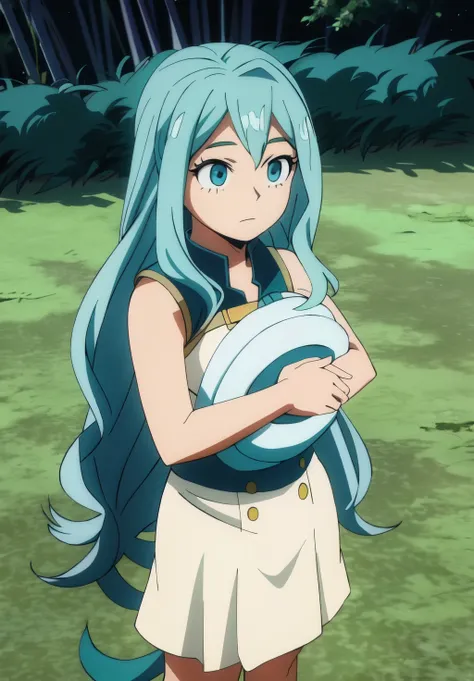 make a girl, Boku no Herk Academia , long wavy hair, From with white with teal eyes more drawn to baby blue,  angelic beauty and gentle look 