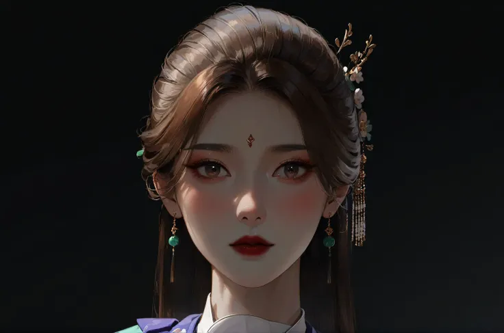 girl，Misaki Mori (new year)，Hololive，Single， Glance ：Soft、Three-dimensional、Fair skin、Light Blush 、 big eyes、Melancholy eyes、 Reddish eyeshadow 、 light red lip color
eyebrow decoration： Flower-shaped Red Pattern 、 classical
hairstyle： Dark Brown Gradient 、...