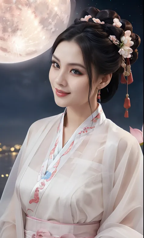 {1girl, gorgeous & youthful lady in traditional CHINESE DRESS, HANFU, short black hair, beautiful round eyes, sensual lips, beautiful detailed eyes & facial features, looking at viewer, natural poses, kind smile, smooth skin, PITCH DARK SKY, MOON,
award w...