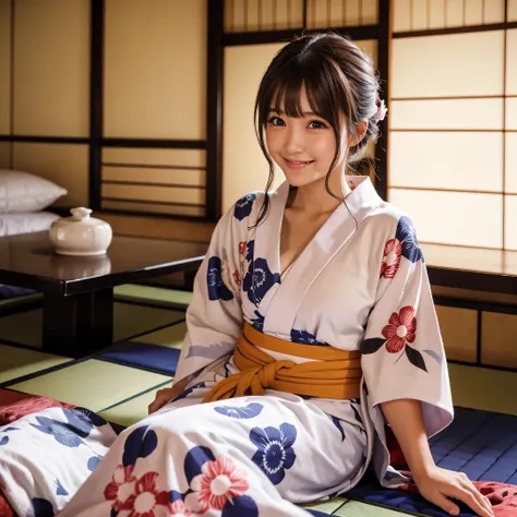 『 1 girl:1.3』Best Quality:1.2、 medium chest 、 I can see a little cleavage、(( young woman))、((Red cheeks)){smile}、( cute) cute顔をした20歳の女性、 kind and cute 、やさしいsmile、(((Japanese Yukata)))、( Knight )、(((Sitting on a futon in a Japanese-style room at a Japanese ...