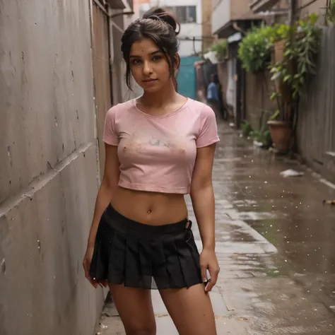 beautiful indian princess, (small breasts), wearing pink teeshirt and black miniskirt, red lipstick, small breasts, standing facing the wall, on the sidewalk in deserted urban alley,  pink socks, full body shot, high res, night, rain, dirt streaks on body,...