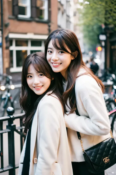  Friendship Photography 2 Korean beauties with long hair in white blonde have bangs smiling towards the camera, wears a long coat in black and wears a beautiful sling bag in black .background Amsterdam  