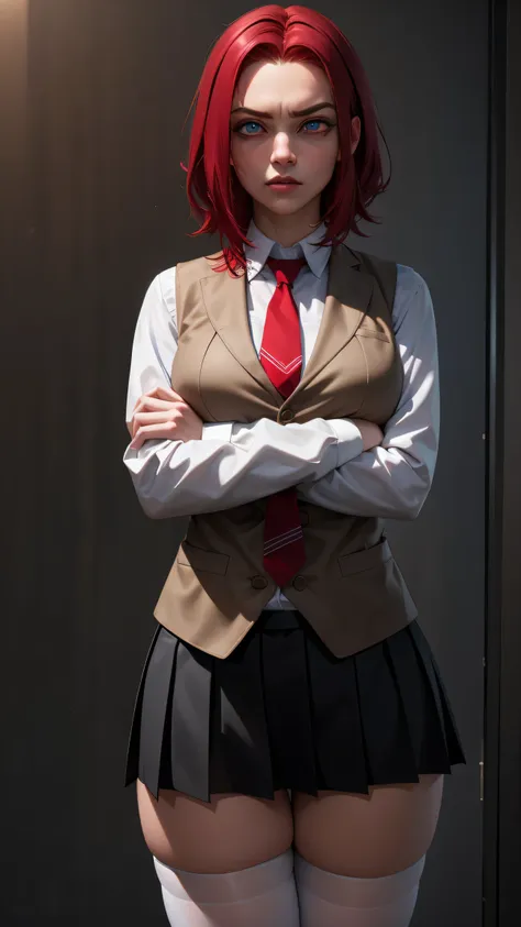 kallen stadtfeld, blue eyes, ((red hair:1.5)), short hair,
break ((school uniform, red necktie, white shirt, pleated skirt, blac...