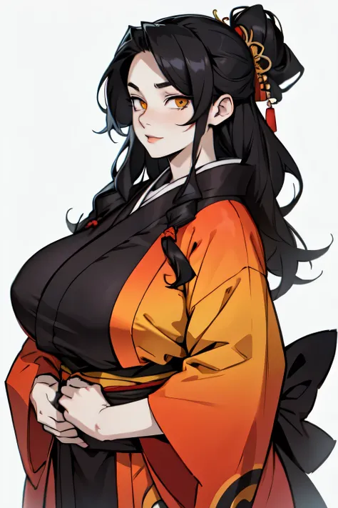 kimono, pale skin, 1girl, black hair, yellow eyes, chubby, plump, huge breasts, mountainous background