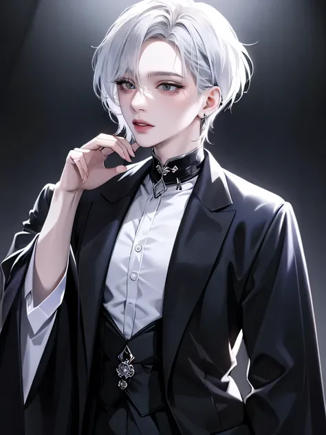 One Beautiful woman、light Silver short hair、Hairstyle with black end color、Light blue eyes、anime makeup、"A woman with a cute and androgynous face"、white skin、cute eyes、Very thin eyebrows、tall、stylish black gothic fashion、long sleeves long pants、Winter clot...