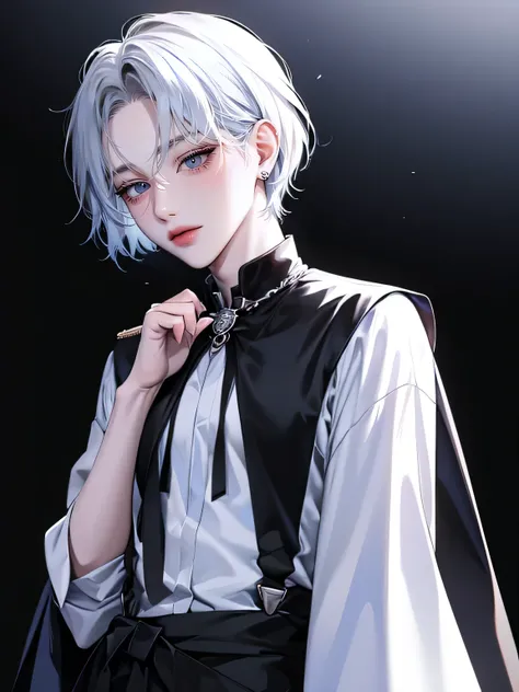 One Beautiful woman、light Silver short hair、Hairstyle with black end color、Light blue eyes、anime makeup、"A woman with a cute and androgynous face"、white skin、cute eyes、Very thin eyebrows、tall、stylish black gothic fashion、long sleeves long pants、Winter clot...