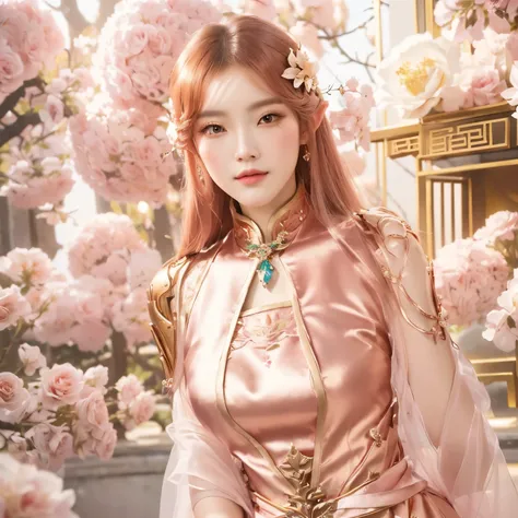 a close up of a woman in a rose gold dress with flowers, rose gold hair, a beautiful fantasy empress, palace ， a girl in hanfu, inspired by Lan Ying, ((a beautiful fantasy empress)), trending on cgstation, full body xianxia, zhongli from genshin impact, be...