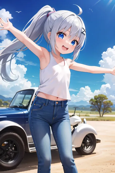 masterpiece,best quality,ultra detail,1girl, 14yo,petite,Laugh happily,desert field,sunshine,cloud,ponytail hair, blue eyes, silver hair, hair ornament, x hair ornament,Raise your arms and bring them behind your head,White teeth, white tank tops,jeans,