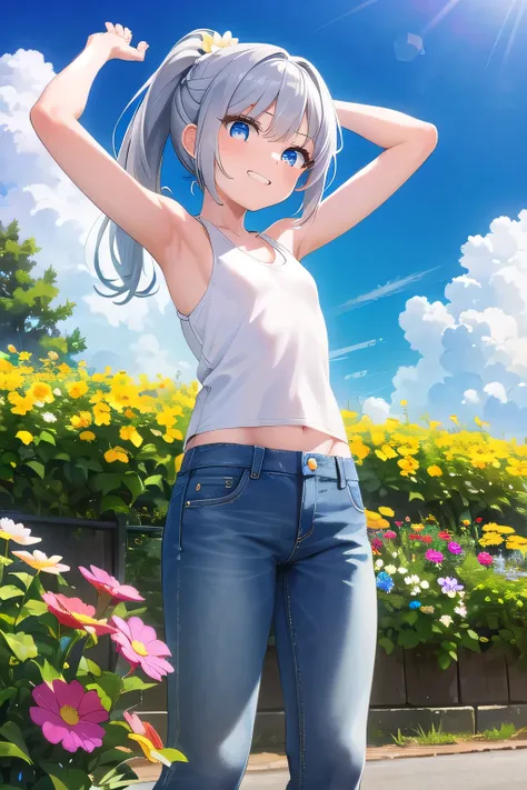 masterpiece,best quality,ultra detail,1girl, 14yo,petite,Laugh happily,flower garden,sunshine,cloud,ponytail hair, blue eyes, silver hair, hair ornament, x hair ornament,Raise your arms and bring them behind your head,White teeth, white tank tops,jeans, st...