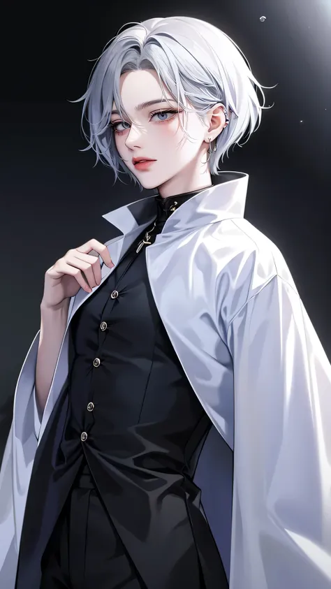 One Beautiful woman、light Silver short hair、Hairstyle with black end color、Light blue eyes、anime makeup、"A woman with a cute and androgynous face"、white skin、cute eyes、Very thin eyebrows、tall、stylish black gothic fashion、long sleeves long pants、Winter clot...