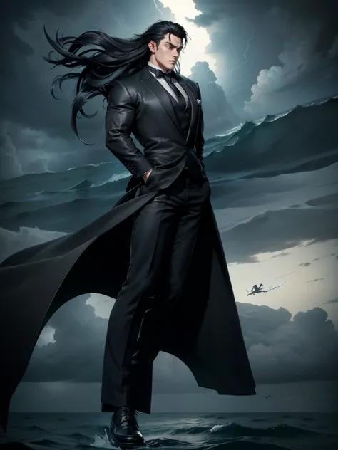 boys 26 Years old, Serious face, muscular, wearing long black suits, ((black tie)), black boot cut trousers, black oxfords shoes, levitates on sky, both hands behind his back, standing on ocean, stormy weather, levitate on sky, middle of ocean, storms.