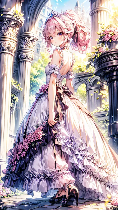 ((Superbly detailed drawing, ultra detailed, exquisite quality, absolutely resolution)), (((young face solo princess))), 
BREAK 
ultra luxurious rococo victorian gown, hoop skirt with volume and expanse, princess style skirt with long hems, extremely compl...