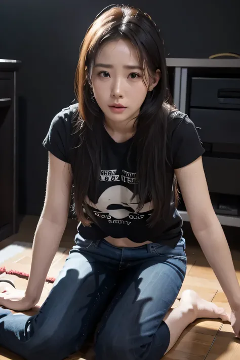 Chinese Wenjing adult girl，Tears，I peed my pants  。只穿underwear、underwear。 solid color background。