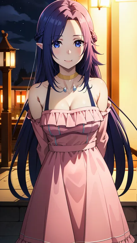 1girl, pointy ears,necklace,gem,dark blue hair,dark blue eyes, bangs, 
break ((pink dress, collarbone, long sleeves:1.2)),
break...